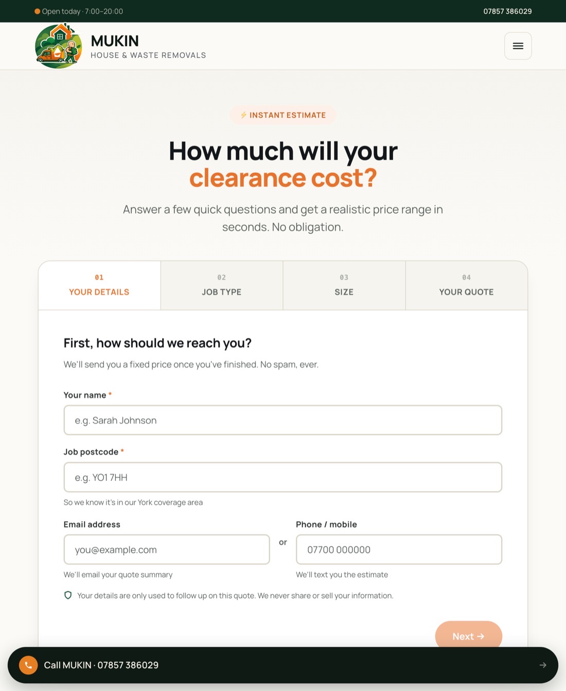 Mukin instant quote calculator