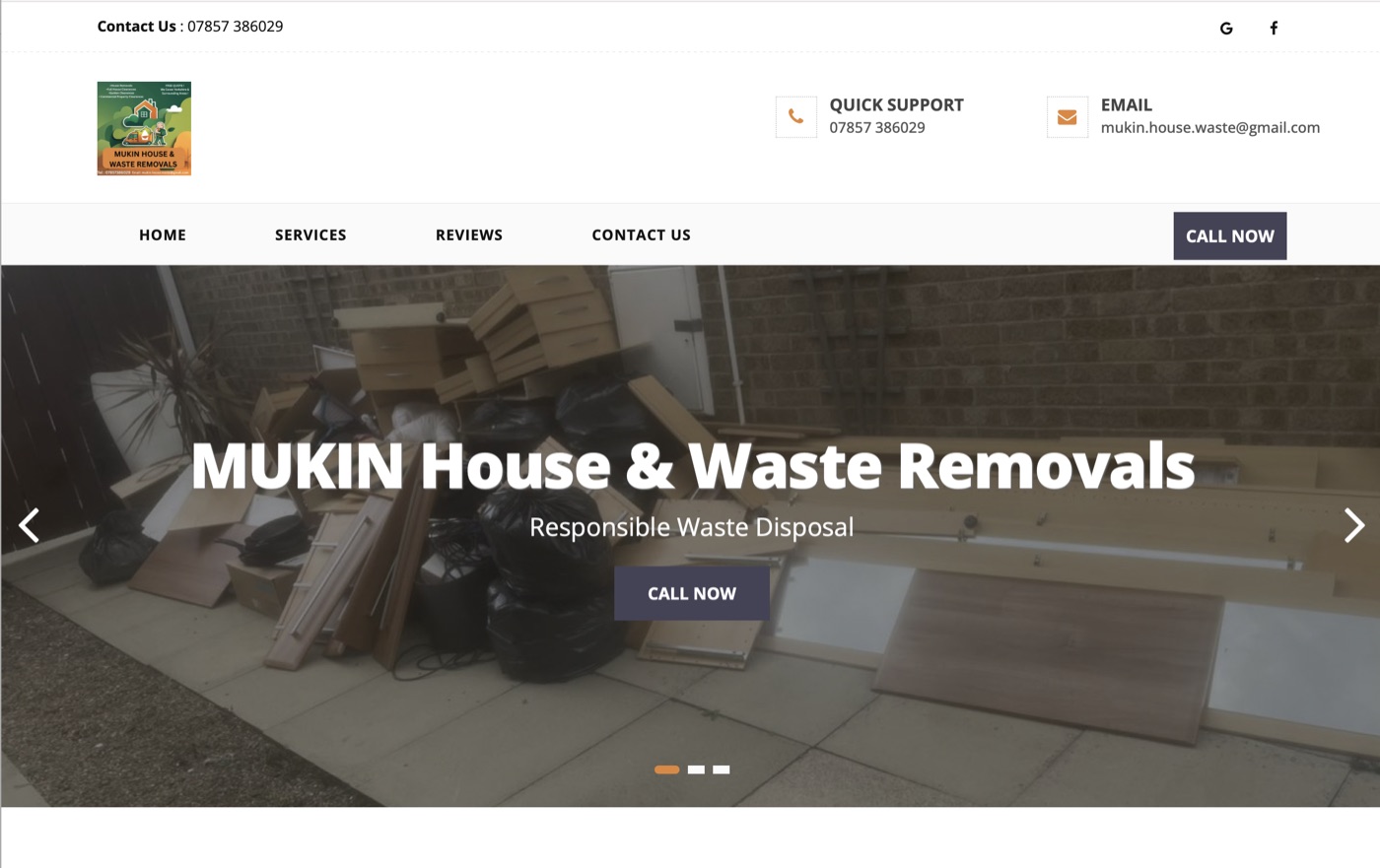 The old single page Wix site: a generic template with a gmail contact address and one photo of a junk pile
