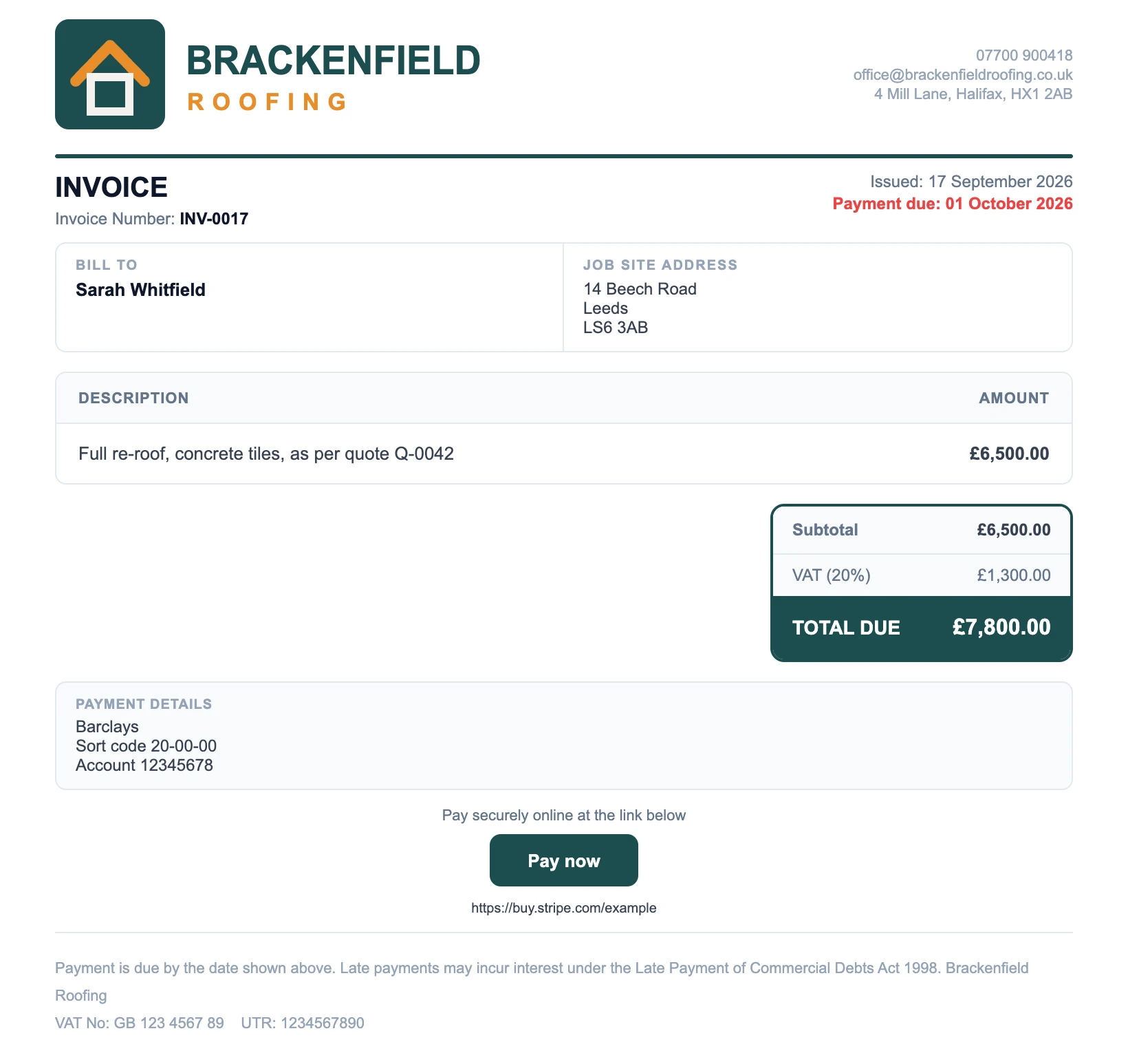 An example invoice PDF made in WhatsApp: logo, customer and job address, total due, bank details and a Pay now card payment button